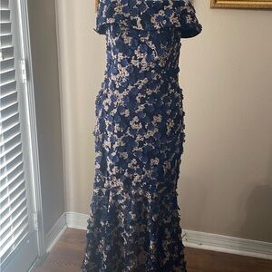Xscape Navy Blue Pink Off Shoulder 3D Floral Applique Midi Dress Size 6 Cocktail